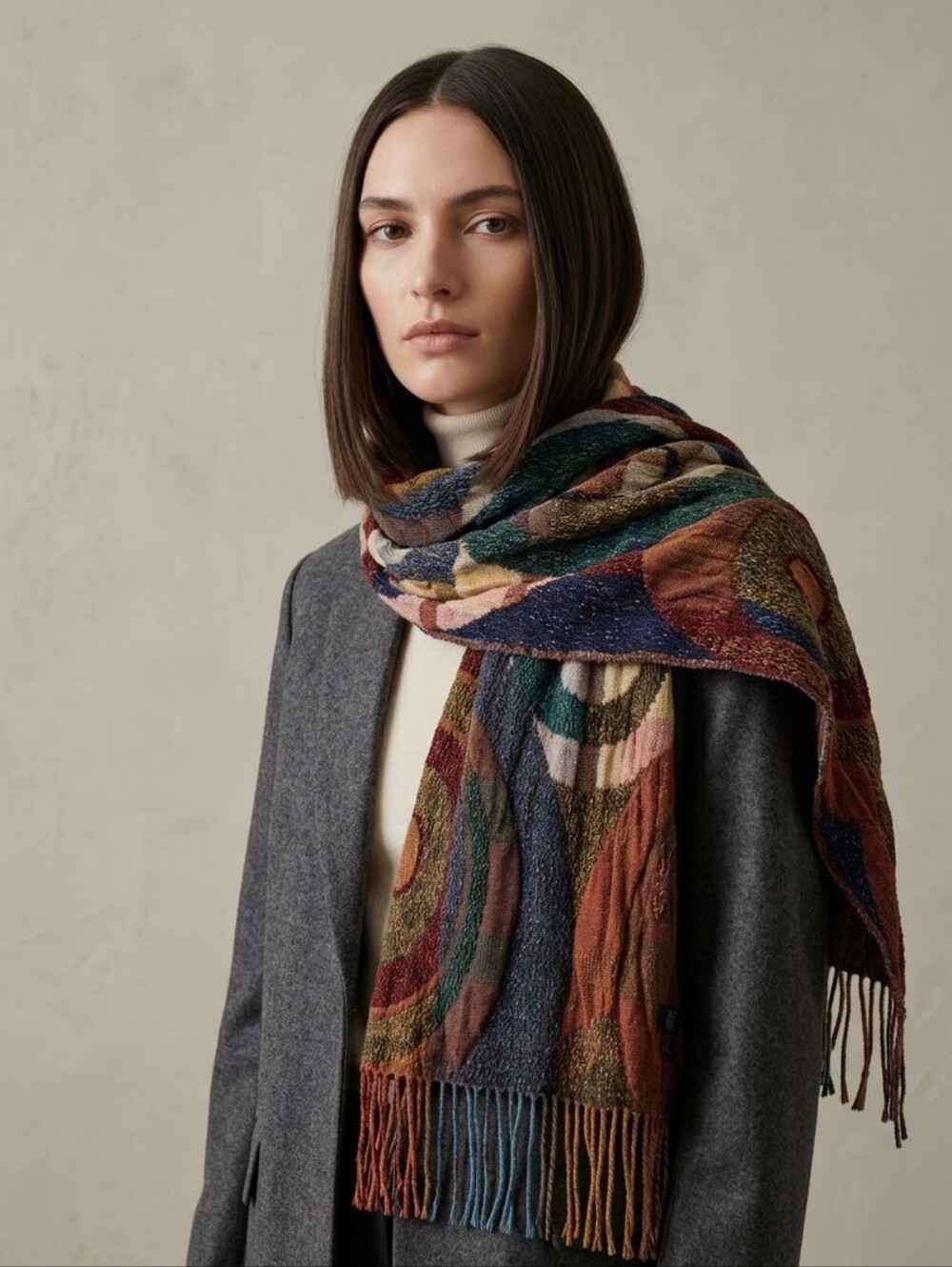 Earthy Tones Wrap Shawl Fringed Scarf Acrylic Mohair Blend by New Griffe Italia